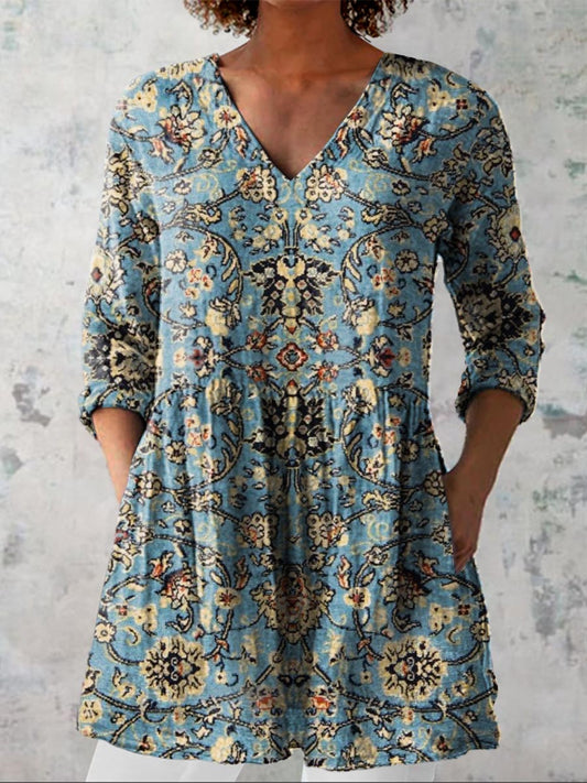 Women's Vintage Floral Art Print Casual Cotton Linen V-neck Shirt