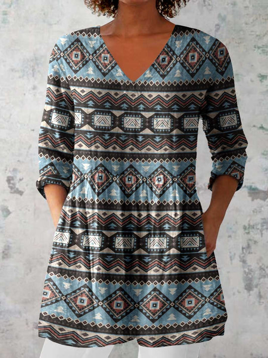 Women's Artistic Geometric Pattern Cotton and Linen Top