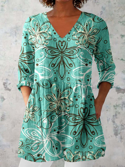 Women's Elegant Floral Pattern Cotton and Linen Top