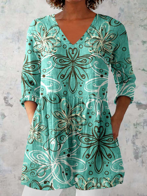 Women's Elegant Floral Pattern Cotton and Linen Top