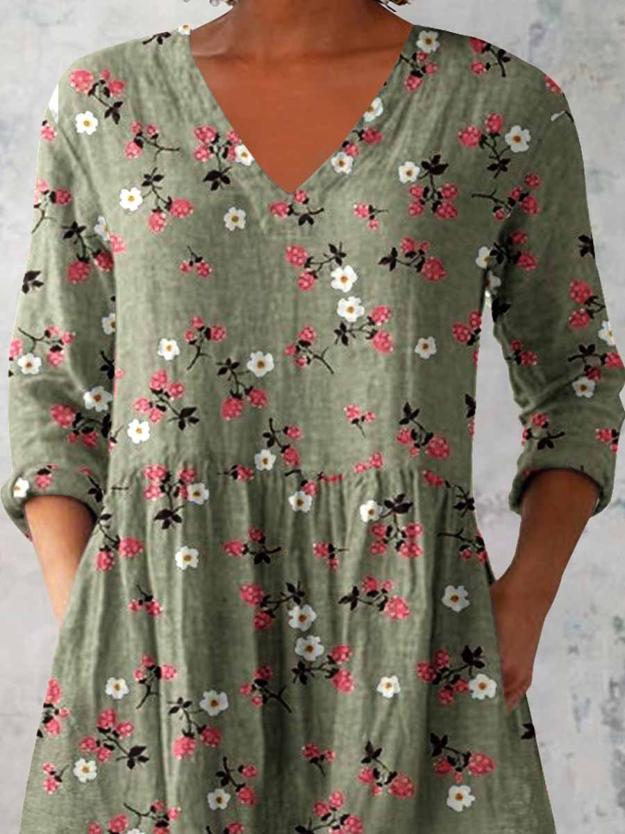 Women's Elegant Floral Print V-Neck Cotton and Linen Top