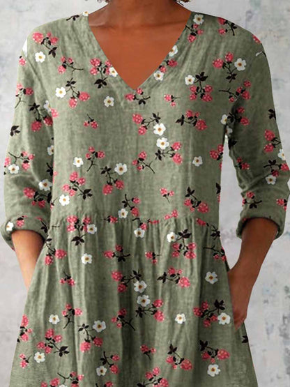 Women's Elegant Floral Print V-Neck Cotton and Linen Top
