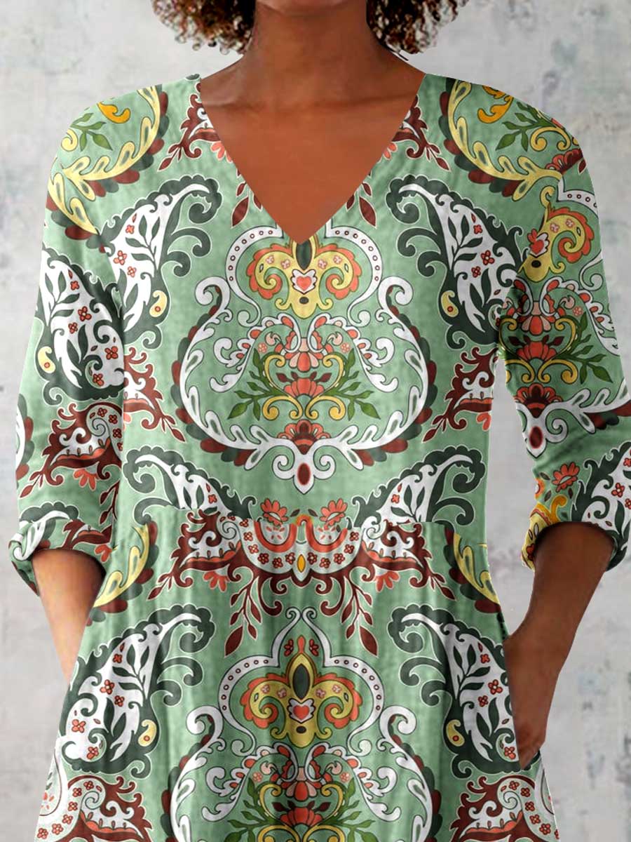 Women's Classic Retro Round Neck Floral Pattern Cotton and Linen Top