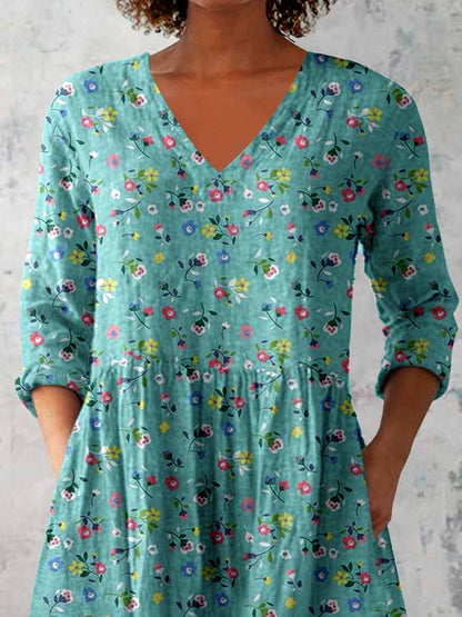 Women's Elegant Floral Print V-Neck Cotton and Linen Top