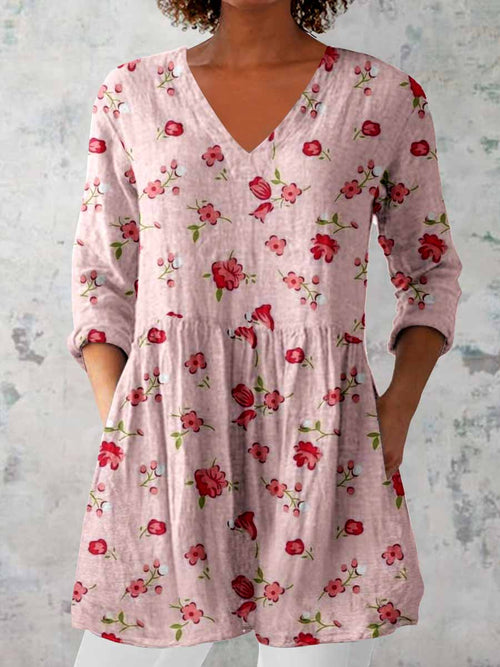Women's Elegant Floral Print V-Neck Cotton and Linen Top