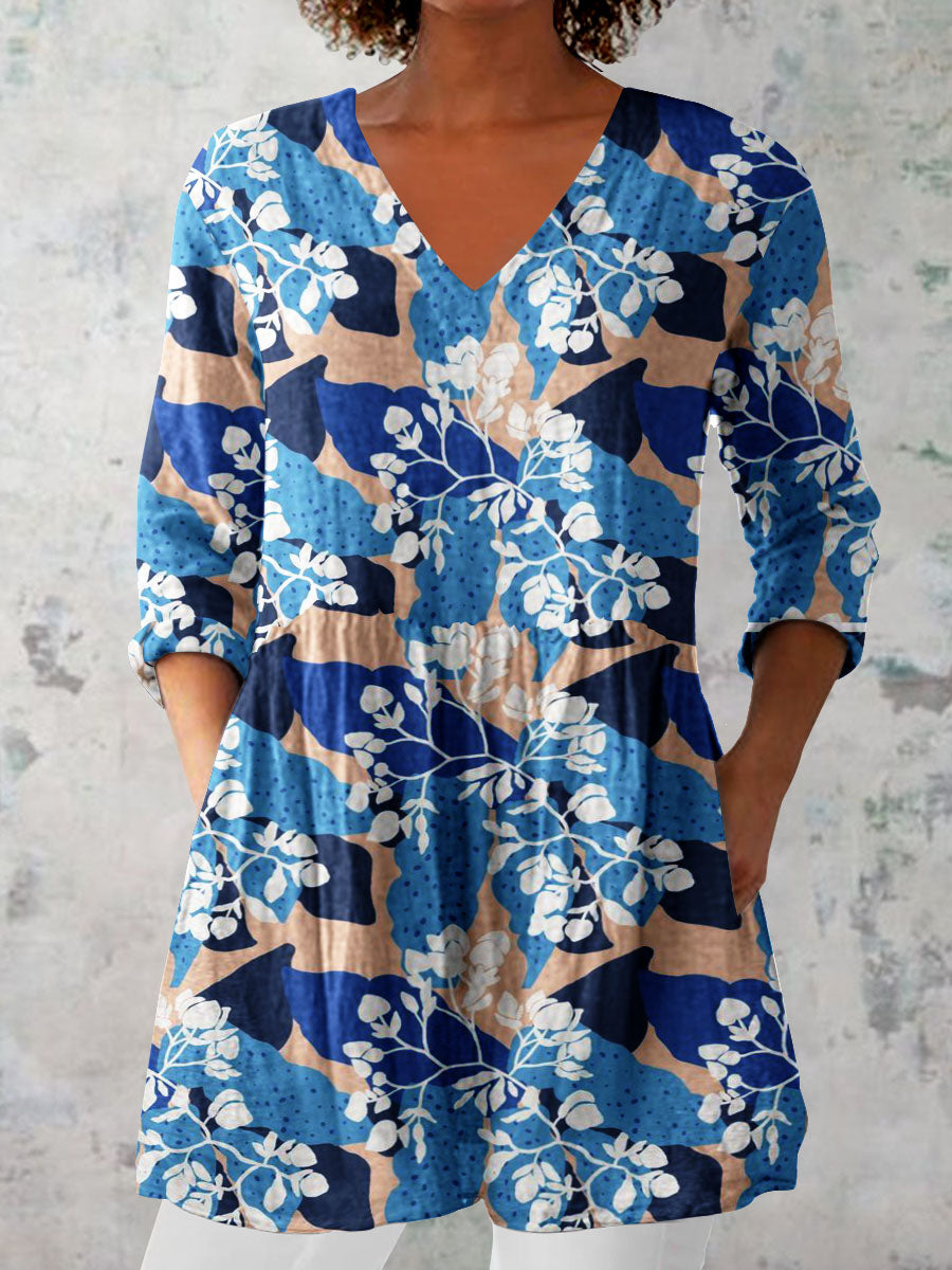 Women's Elegant Floral Pattern Cotton and Linen Top