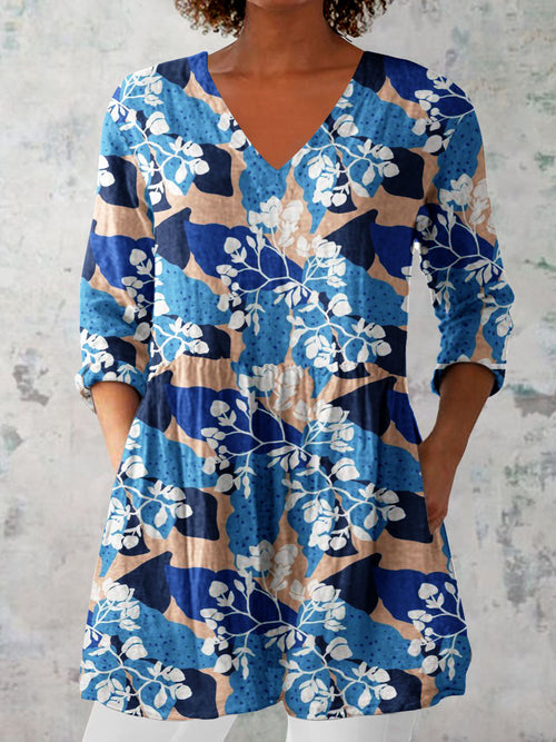 Women's Elegant Floral Pattern Cotton and Linen Top