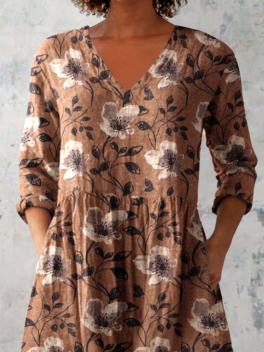Women's Elegant Floral Print Pattern Cotton and Linen Top
