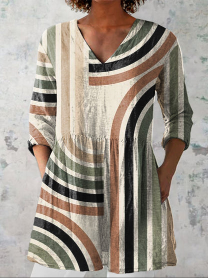 Minimalist Geometric Pattern Printed Women's Casual Linen V-Neck Shirt