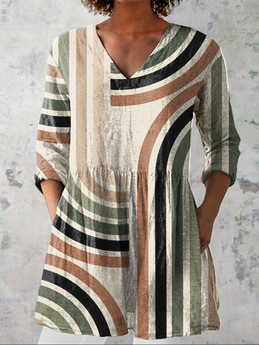 Minimalist Geometric Pattern Printed Women's Casual Linen V-Neck Shirt