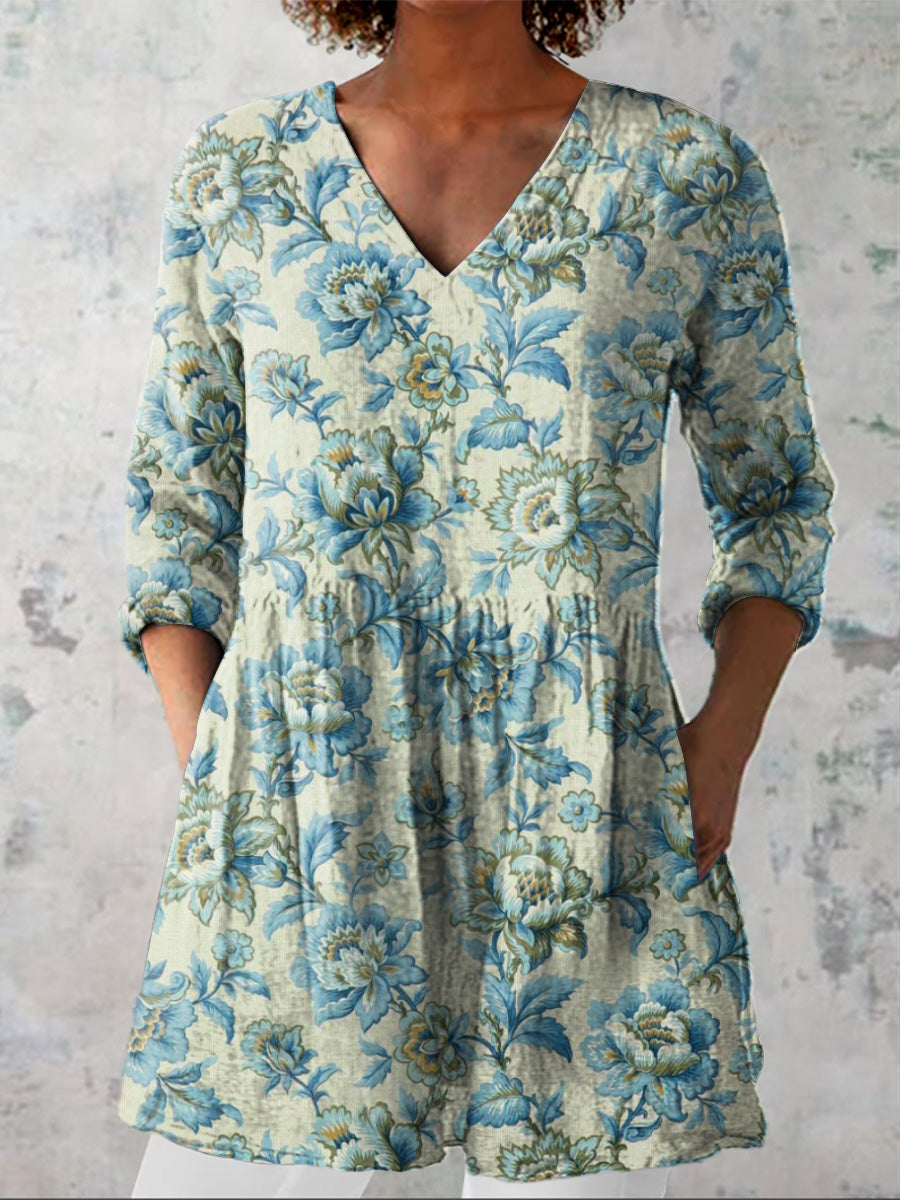 Vintage Spring Garden Floral Pattern Printed Women's Casual Linen V-Neck Shirt