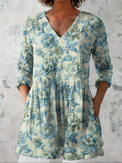 Vintage Spring Garden Floral Pattern Printed Women's Casual Linen V-Neck Shirt