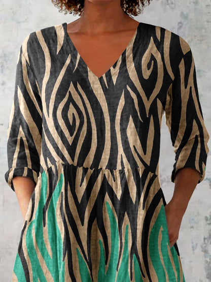 Women's Artistic Striped V-Neck Cotton and Linen Top