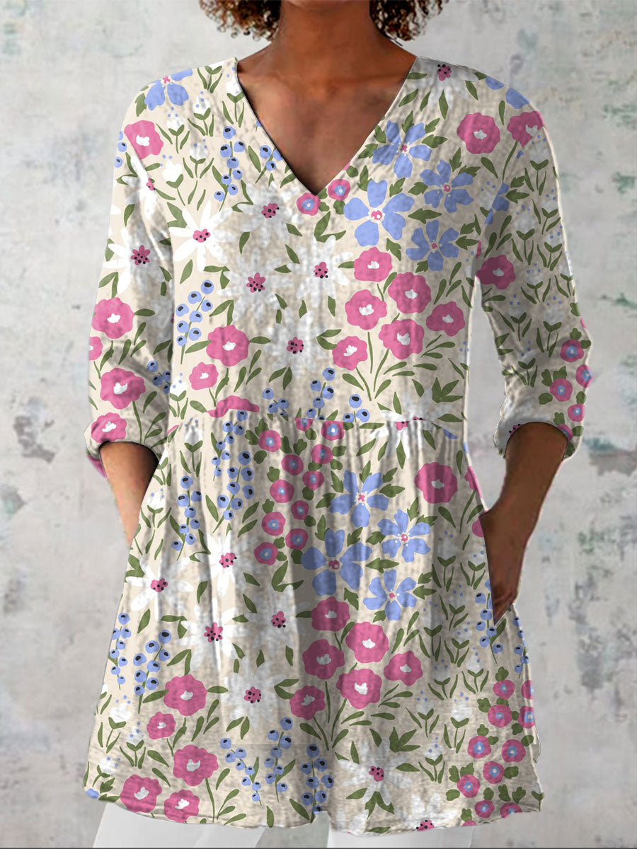 Women's   Pastoral Flowers Art Print Casual Linen V-neck Shirt