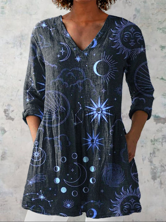 Celestial Moon And Star Pattern Printed Women's Casual Linen V-Neck Shirt