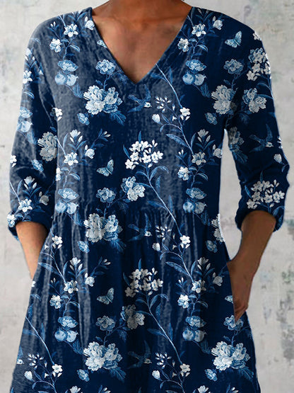 Night Swallow And Spring Floral Pattern Printed Women's Casual Linen V-Neck Shirt