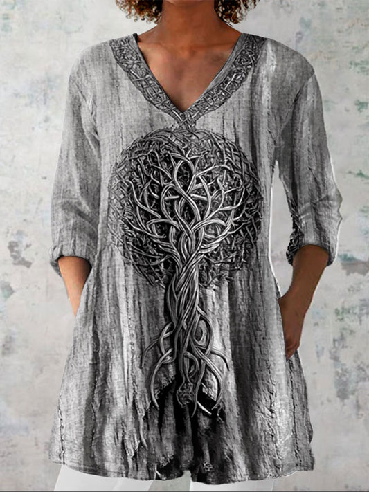 Women's  Tree Of Life Vintage Art Print Casual Linen V-neck Shirt