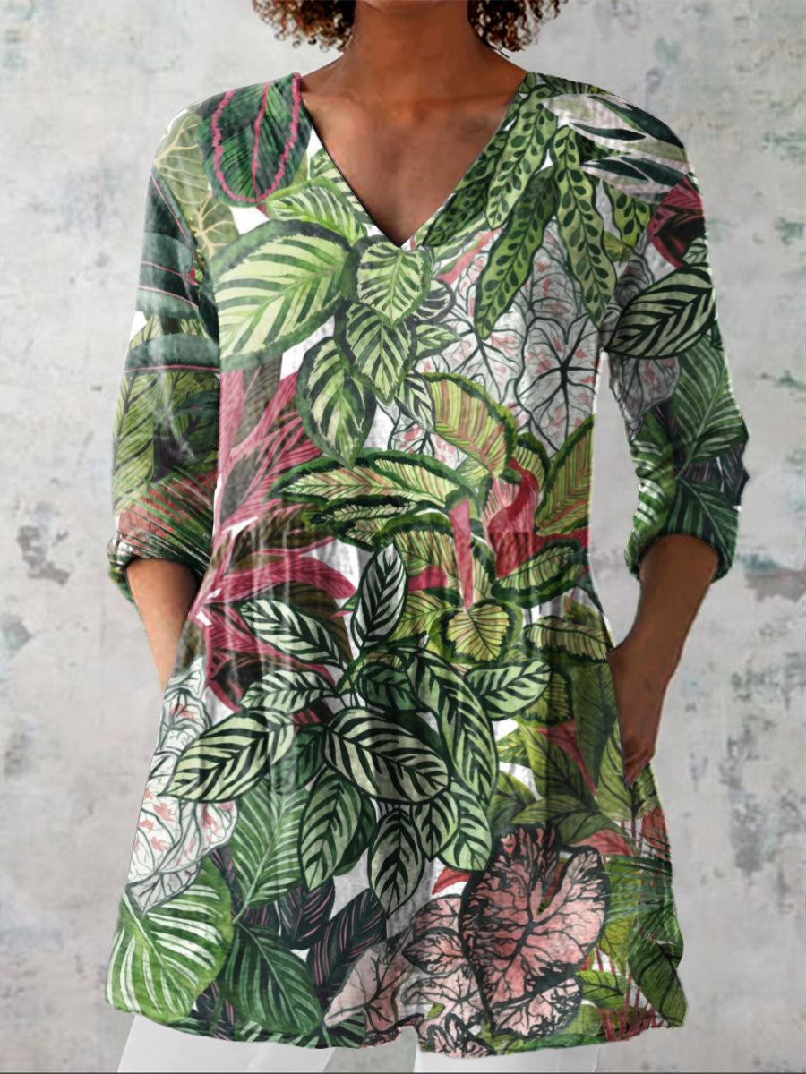 Watercolor Botanical Leaf Pattern Printed Women's Casual Linen V-Neck Shirt