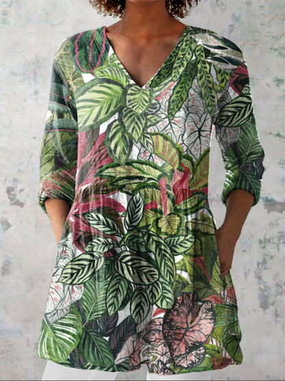 Watercolor Botanical Leaf Pattern Printed Women's Casual Linen V-Neck Shirt