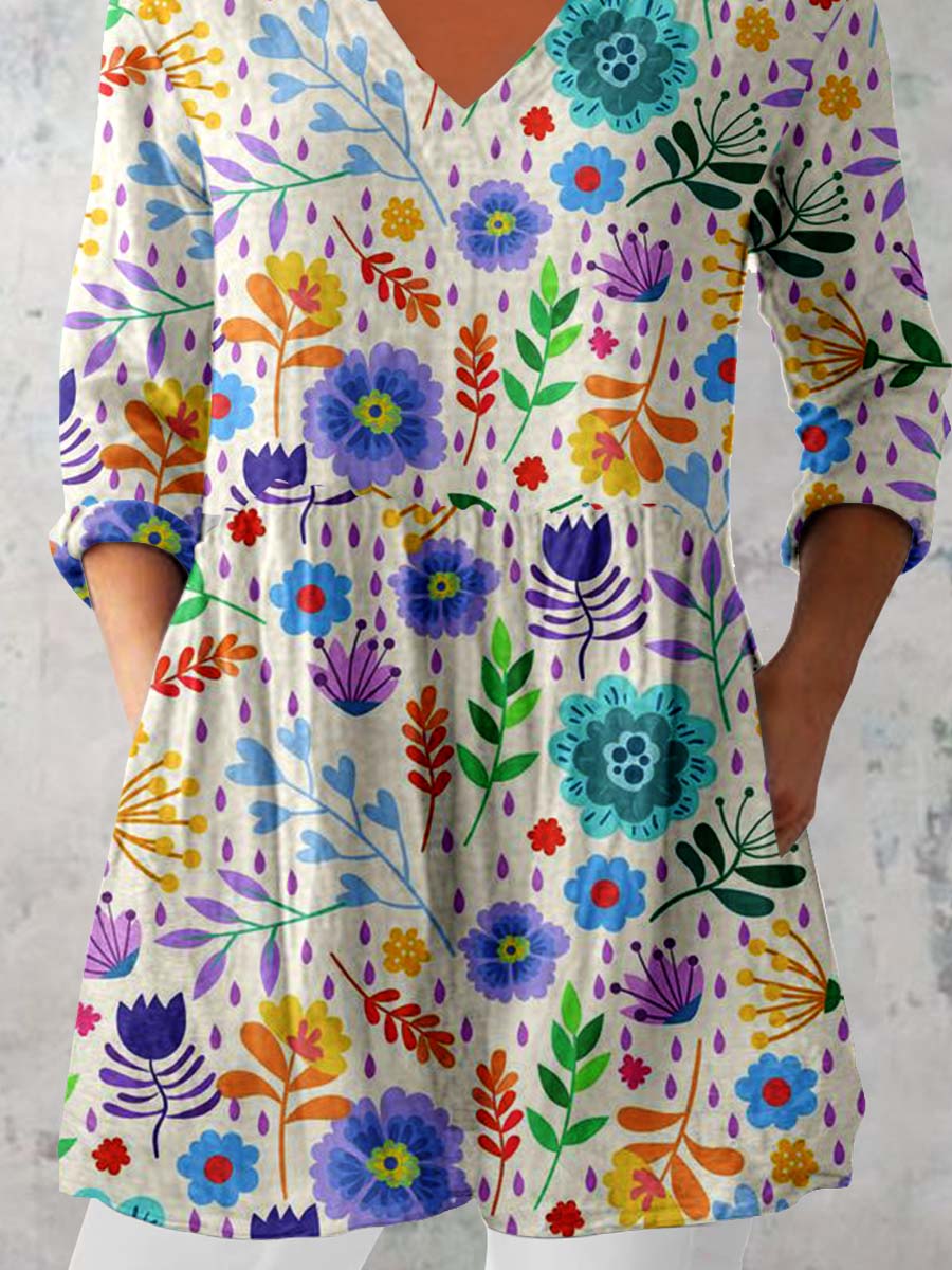 Women's Elegant Floral Print Pattern Cotton and Linen Top