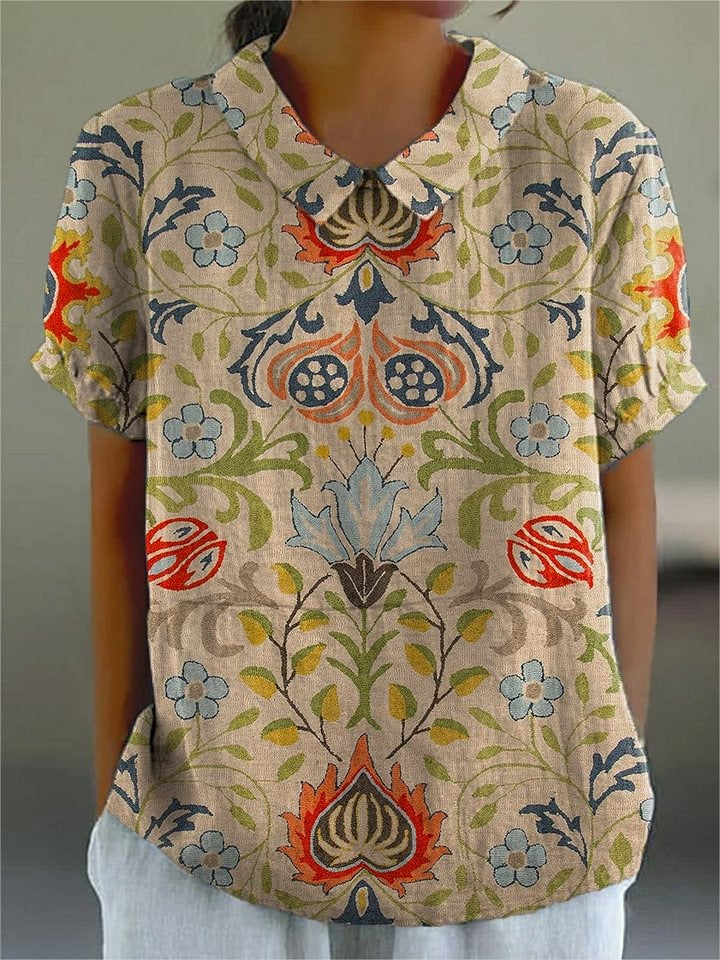 Women's Vintage Lovely Floral Pattern Art Print Casual Cotton Linen V-neck Shirt