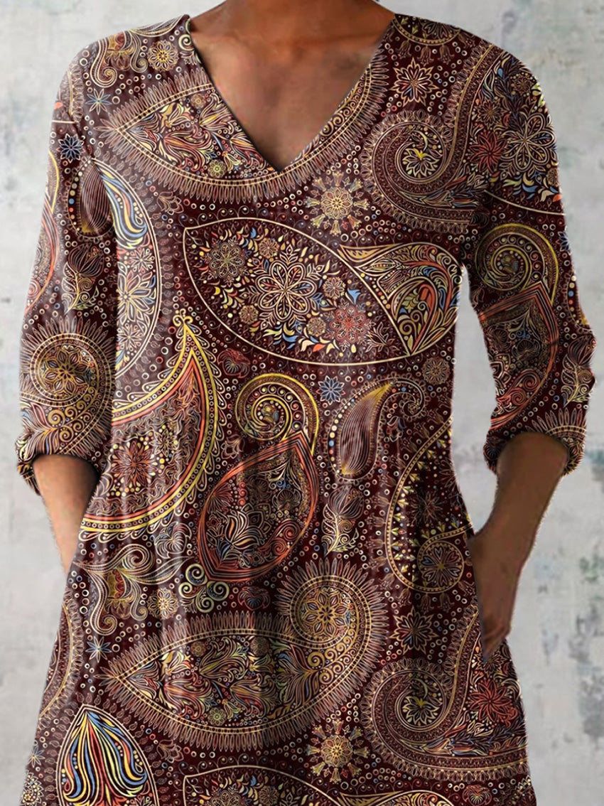 Vintage Paisley Pattern Printed Women's Casual Linen V-Neck Shirt