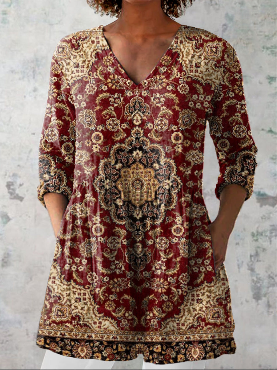 Vintage Ethnic Pattern Printed Women's Casual Linen V-Neck Shirt