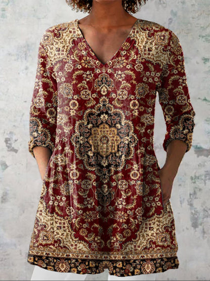 Vintage Ethnic Pattern Printed Women's Casual Linen V-Neck Shirt