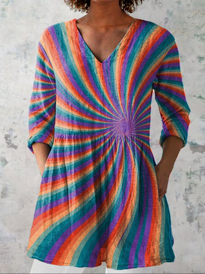 Multicolor Swirl Pattern Printed Women's Casual Linen V-Neck Shirt