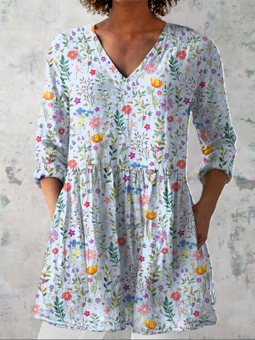 Women's Country Style  Flowers Art  Print Casual Linen V-neck Shirt