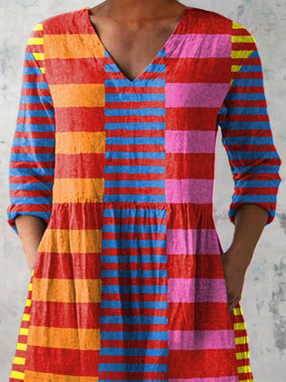 Mid-Century Bauhaus Geometric Pattern Printed Women's Casual Linen V-Neck Shirt