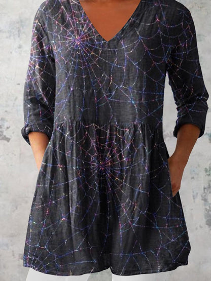 Women's Halloween Spider Web Pattern Print V-Neck Cotton and Linen Top