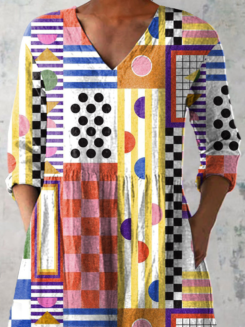 Contemporary Geometric Pattern Printed Women's Casual Linen V-Neck Shirt