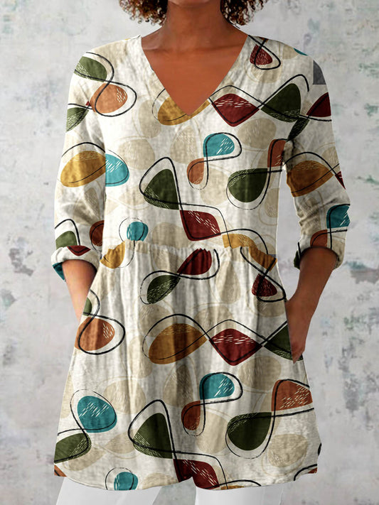 Women's Art Geometric Print V-Neck Cotton and Linen Top