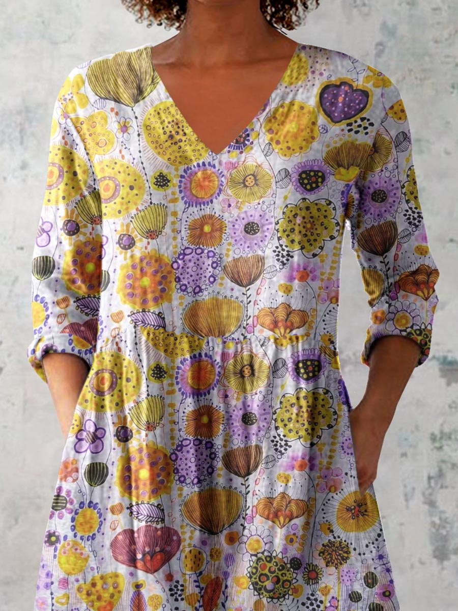 Women's Elegant Floral Pattern Cotton and Linen Top