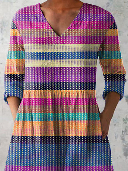 Summer Woven Strip Pattern Printed Women's Casual Linen V-Neck Shirt