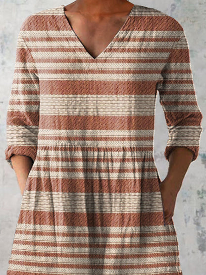 Minimalist Strip Pattern Printed Women's Casual Linen V-Neck Shirt