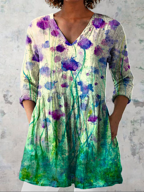 Women's Colorful Flower Art Print Casual Linen V-neck Shirt