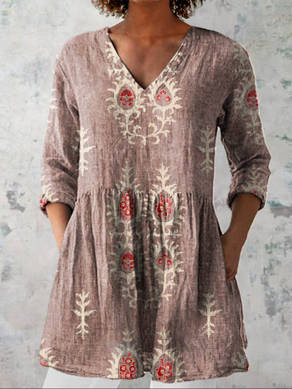 Women's Vintage Ethnic Pattern Art Print Casual Linen V-neck Shirt