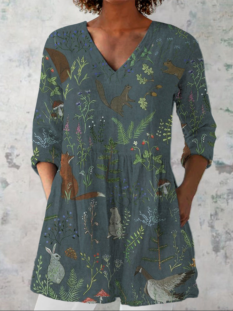 Tranquil Woodland Pattern Printed Women's Casual Linen V-Neck Shirt