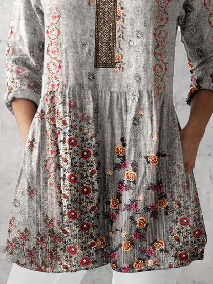 Women's Retro Floral Art Print Casual Cotton And Linen V-neck Top