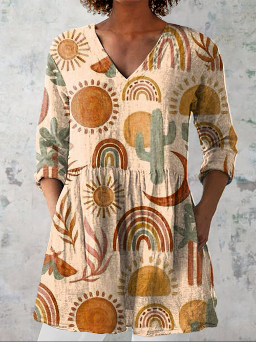 Watercolor Arizona Desert Pattern Printed Women's Casual Linen V-Neck Shirt