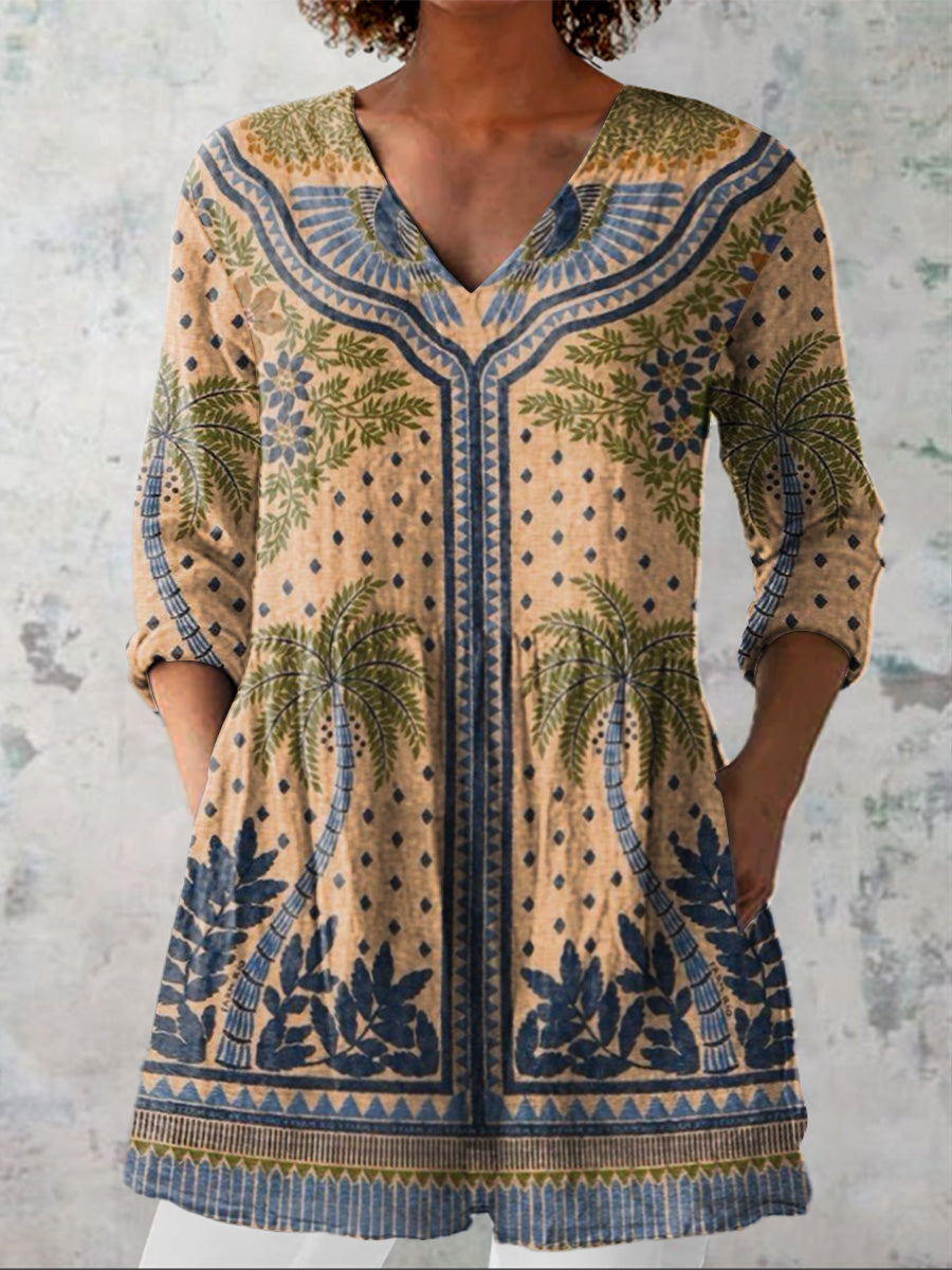 Retro Summer Tropical Forest Pattern Printed Women's Casual Linen V-Neck Shirt