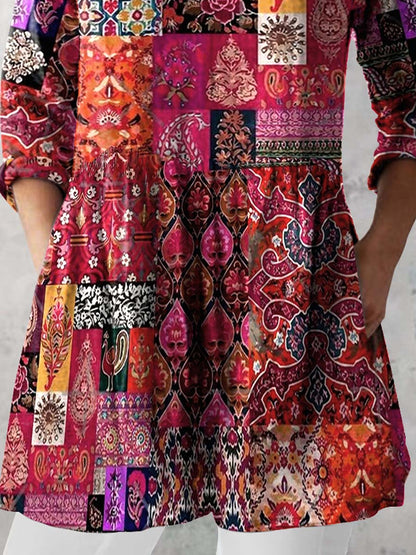 Women's Retro Floral Art Print Casual Cotton And Linen V-neck Top