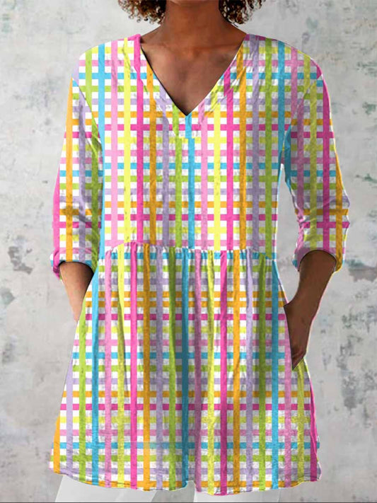 Women's Easter Vintage Colorful Plaid  Print Casual Linen V-neck Shirt