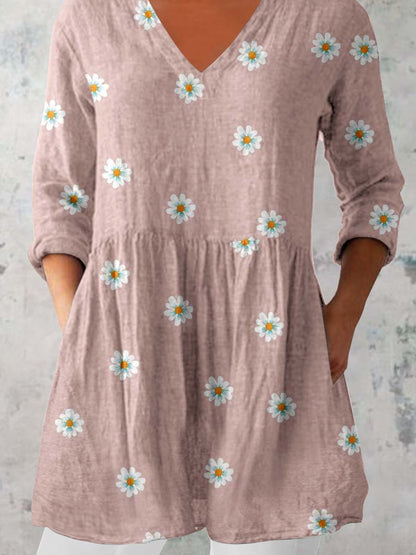 Women's Elegant Floral Print Pattern Cotton and Linen Top