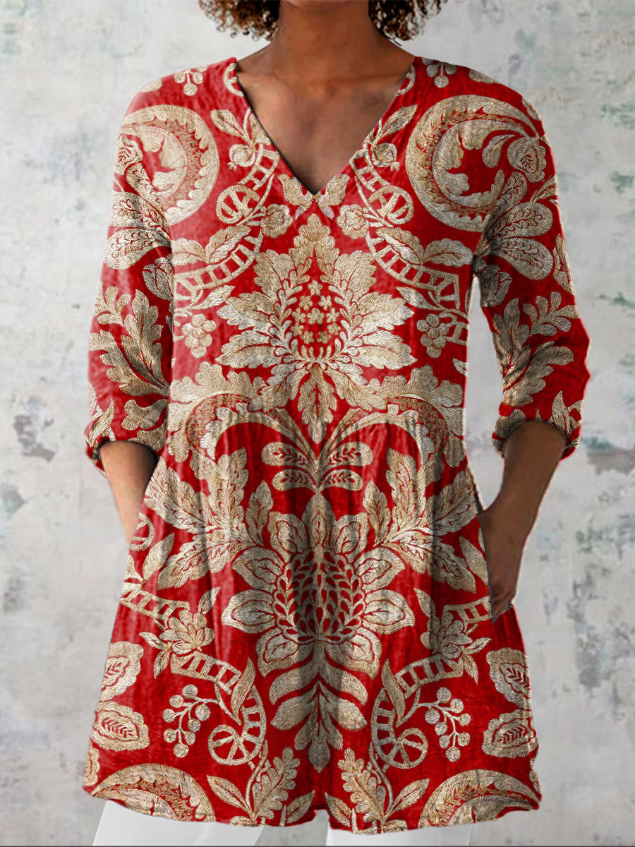 Ethnic Symmetrical Floral Pattern Printed Women's Casual Linen V-Neck Shirt