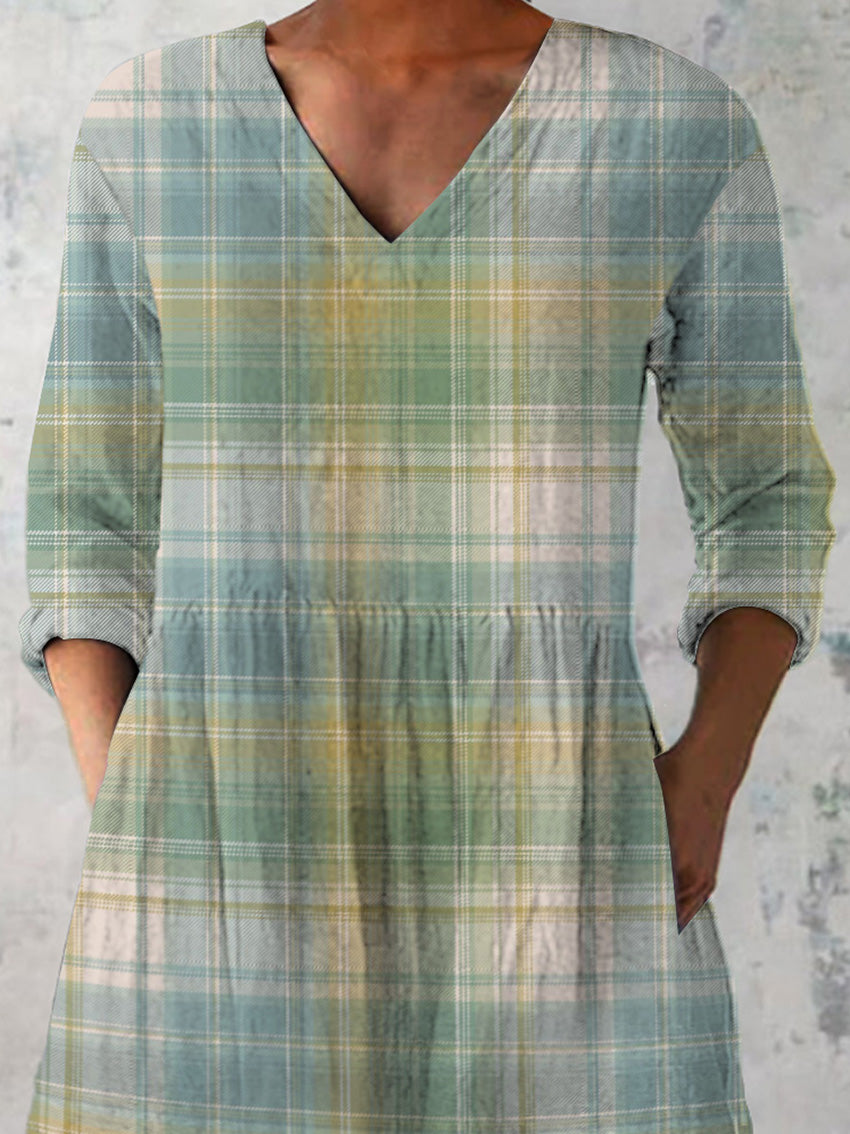 Spring Country Vibe Plaid Pattern Printed Women's Casual Linen V-Neck Shirt