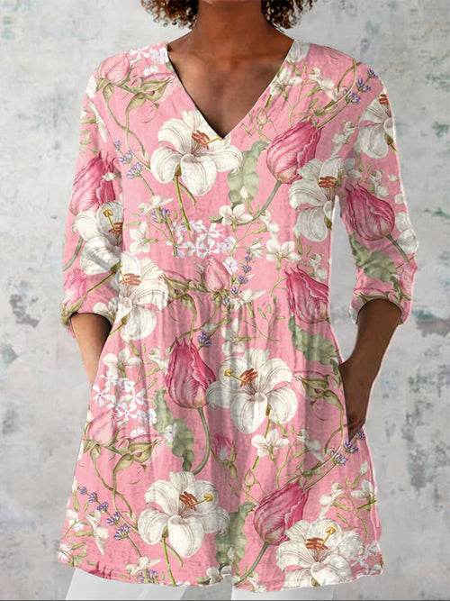 Women's  Vintage Floral Art Print Casual Linen V-neck Shirt