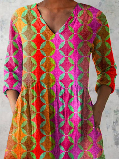 Summer Geometric Pattern Printed Women's Casual Linen V-Neck Shirt